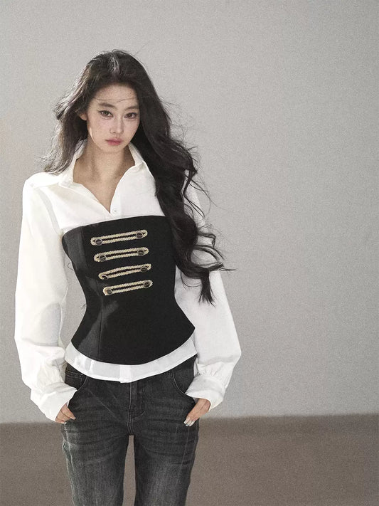 AOMALM - Two Piece Shirt Set – Black & White Polo Collar Top
