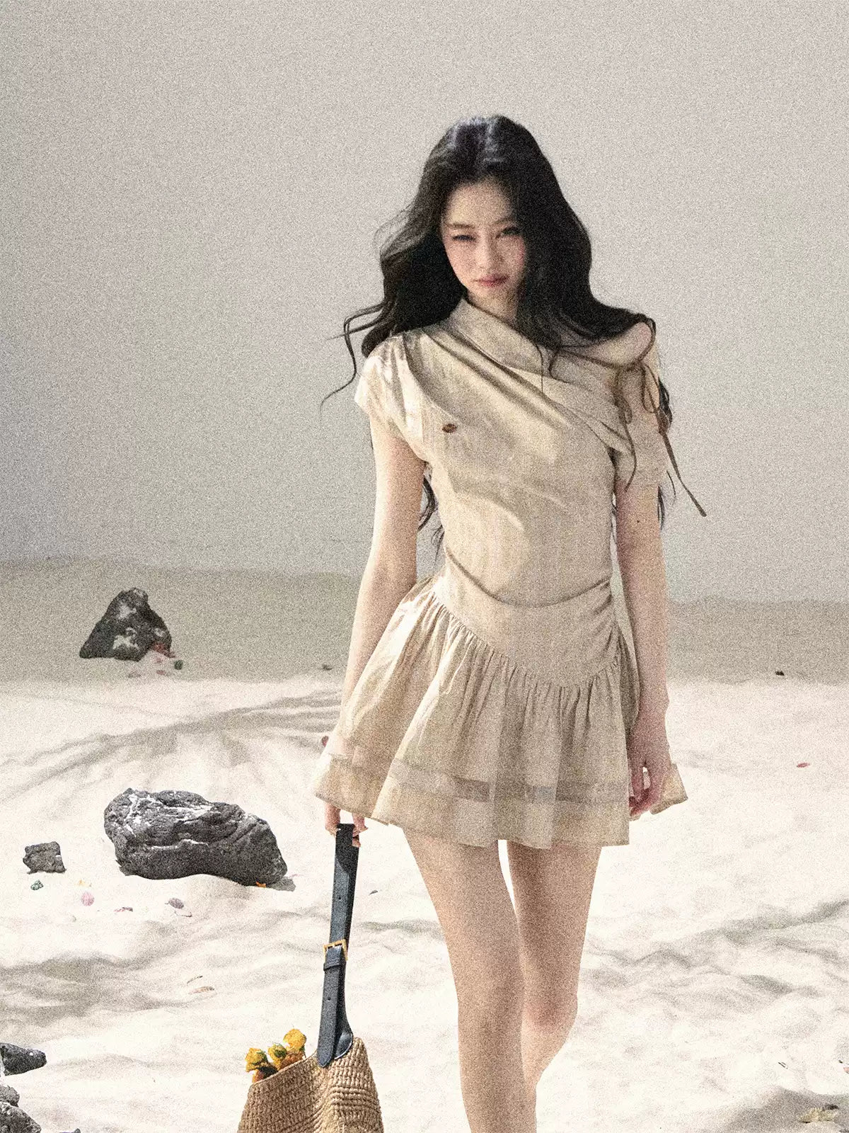 "Traces Left by the Wind" Sand Beige Off-Shoulder Plaid Puff Mini Dress