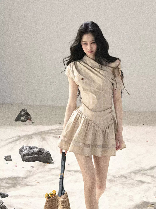 "Traces Left by the Wind" Sand Beige Off-Shoulder Plaid Puff Mini Dress