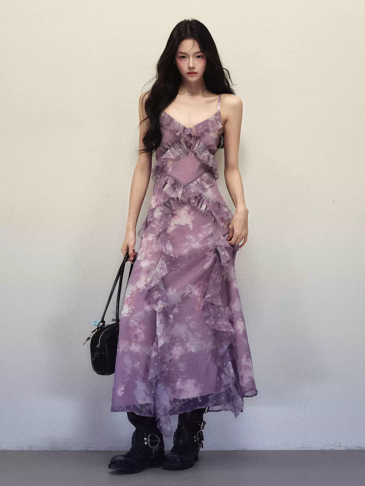 1P - Purple Ombre Floral Ruffle Maxi Dress