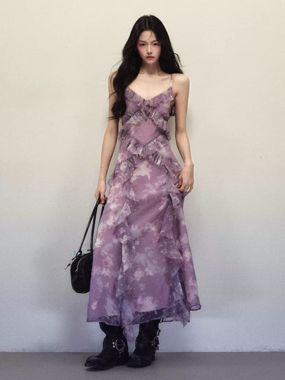 1P - Purple Ombre Floral Ruffle Maxi Dress