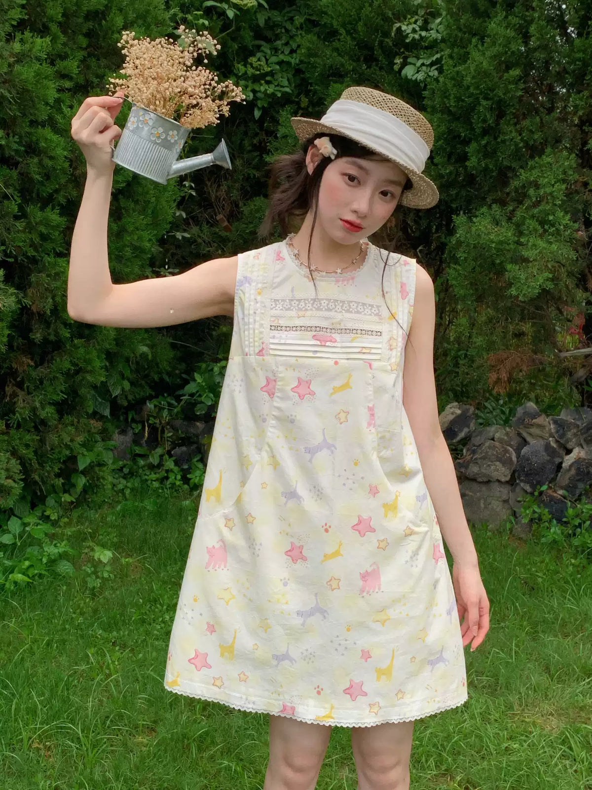 [RF] “Starry Pals” Ivory Animal Print Lace-Trim Sleeveless Mini Dress