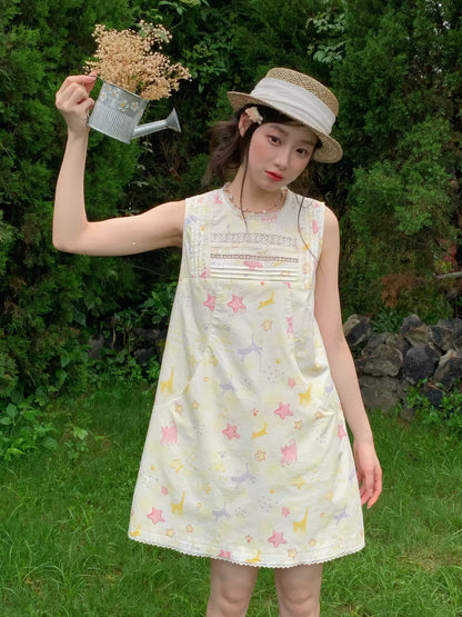 [RF] “Starry Pals” Ivory Animal Print Lace-Trim Sleeveless Mini Dress