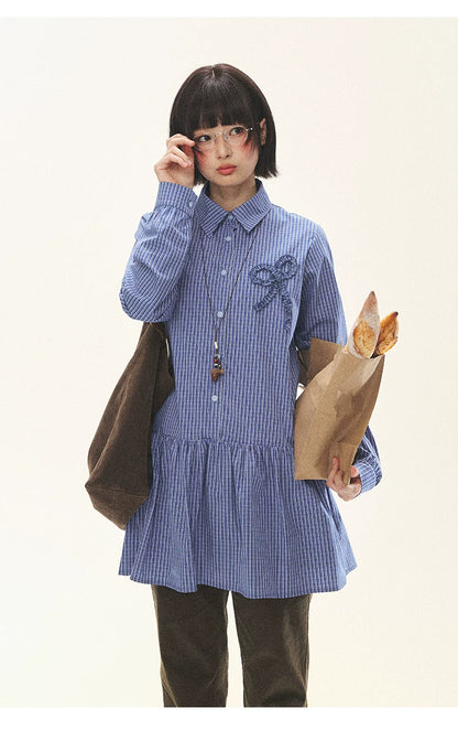 "Holiday Blues" Blue Plaid Bow Shirt Mini Dress