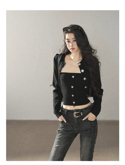 AOMALM - "You in the Night Sky" Black Cropped Knit Cardigan & Bandeau Set
