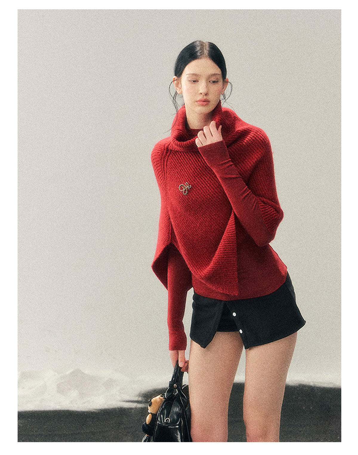 181225 "Late Autumn Ginkgo" Burgundy High-Neck Knit Cape Set
