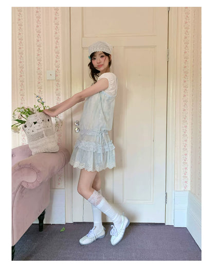 “Summer Dreamloom” Blue Lace Tiered Dress Set (Inner Top + Slip Dress)