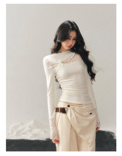 少也眼 “Interplay of Illusion” Semi-High Neck Lace Cutout Top - White