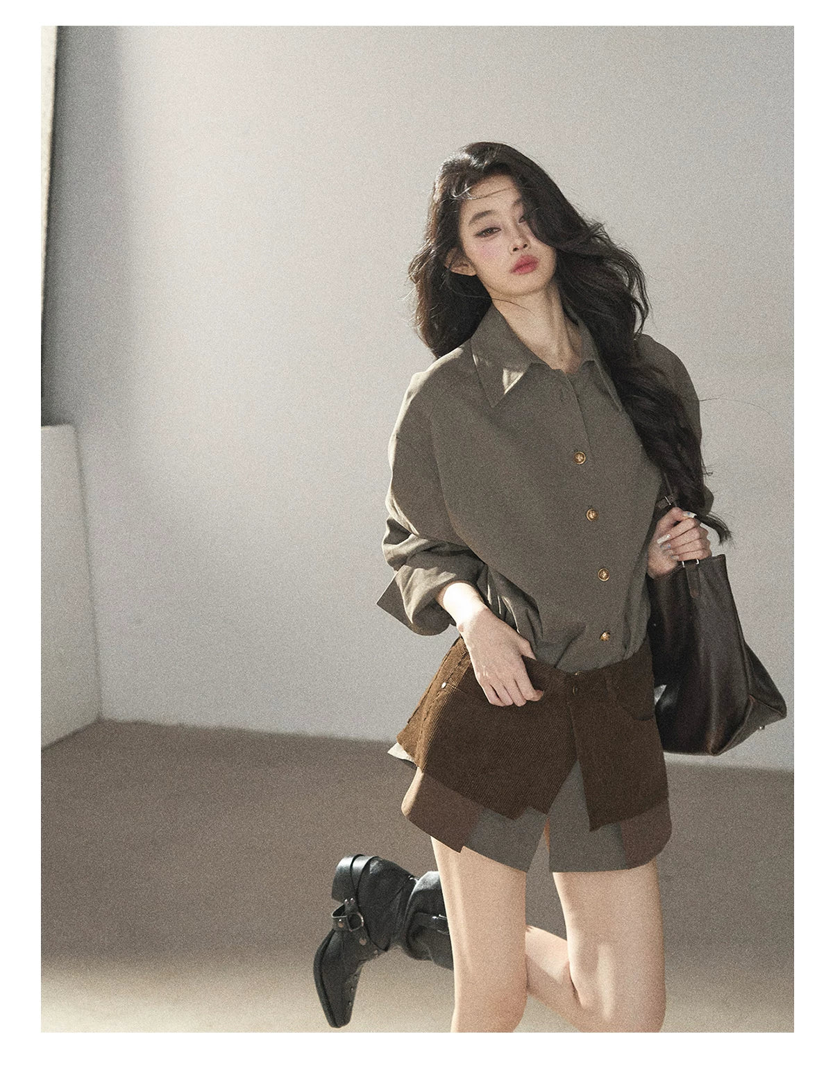 AOMALM - "Autumn Botanicals" Sage Green Striped Shirt & Wrap Faux Half-Skirt Set