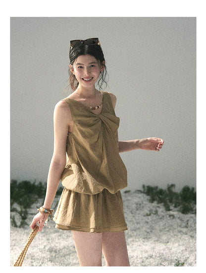 “Whispering Grass” Milk Tea Twist Mini Dress