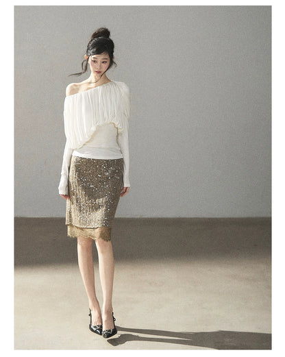 AOMALM - Gray Taupe Brown Sequin Lace Midi Skirt