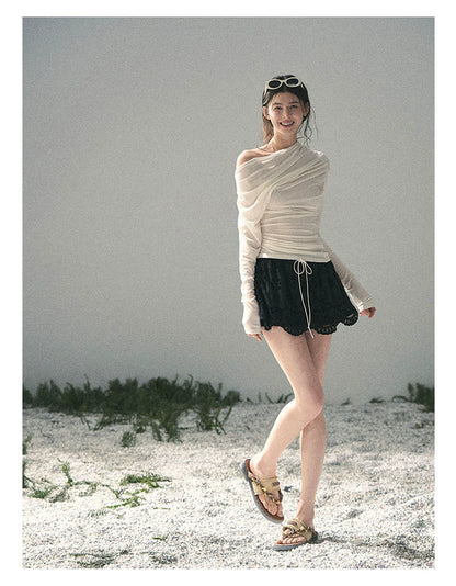 “Where Shadow Walks Beside Light” Milk Apricot Asymmetrical Top