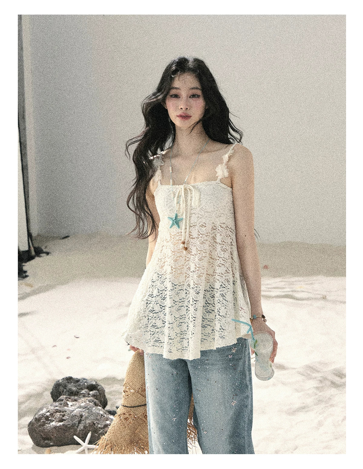 "Morning Mist" Frost White Lace Sheer Cami Top 65123