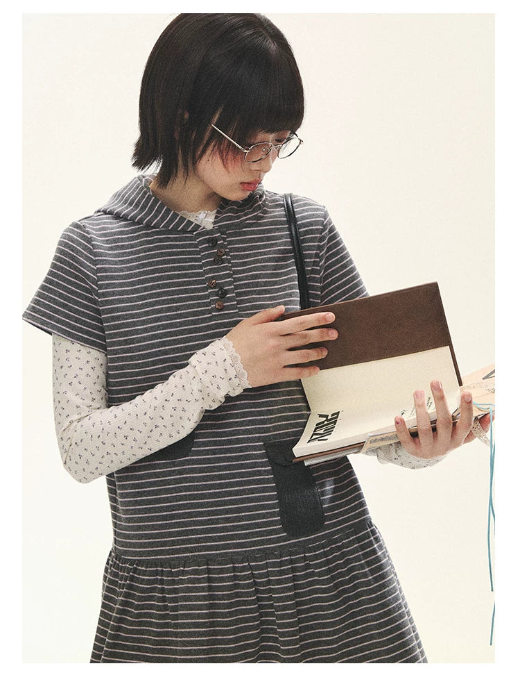 "Seoul Diary" Gray & Pink Stripe Hooded Knit Mini Dress