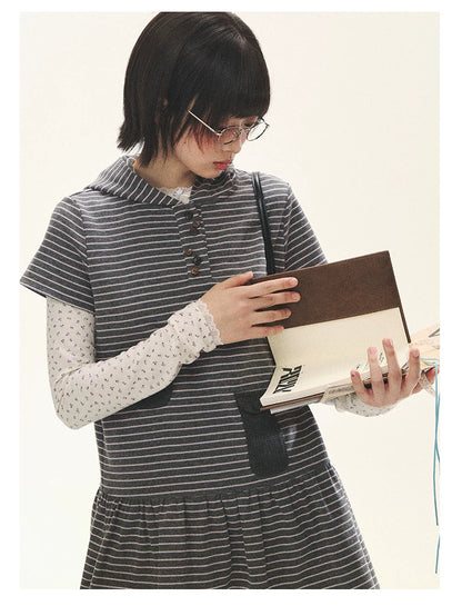 "Seoul Diary" Gray & Pink Stripe Hooded Knit Mini Dress