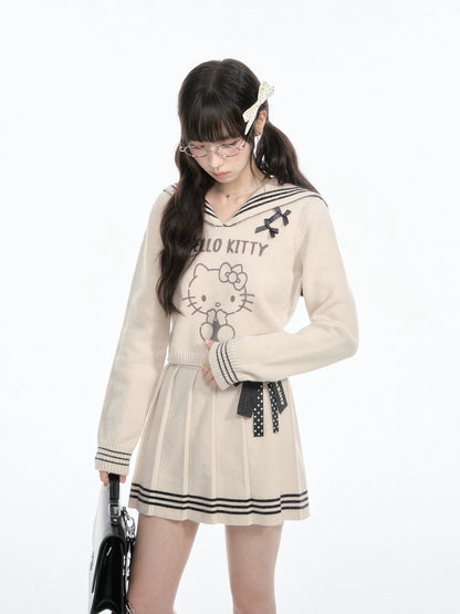 170726K "Kitty Harbor" Oat Beige Sailor Knit Set (Sailor Collar Knit Sweater + Pleated Knit Skirt)