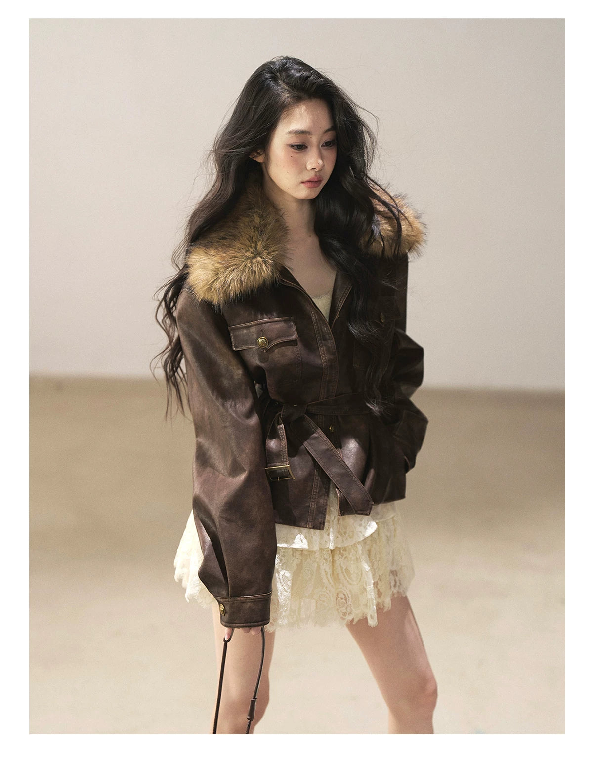 AOMALM - Chestnut Brown Vintage PU Leather Jacket with Faux-Fur Collar & Belt
