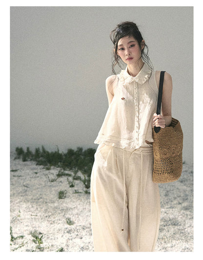 "Soft Cloud Reverie" Dutch Cream Lace Top & Bubble Skirt & Wide-Leg Pants Set 5468465