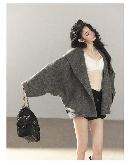 AOMALM - Dark Heather Gray Hooded Wool-Blend Jacket (With Inner Bra)