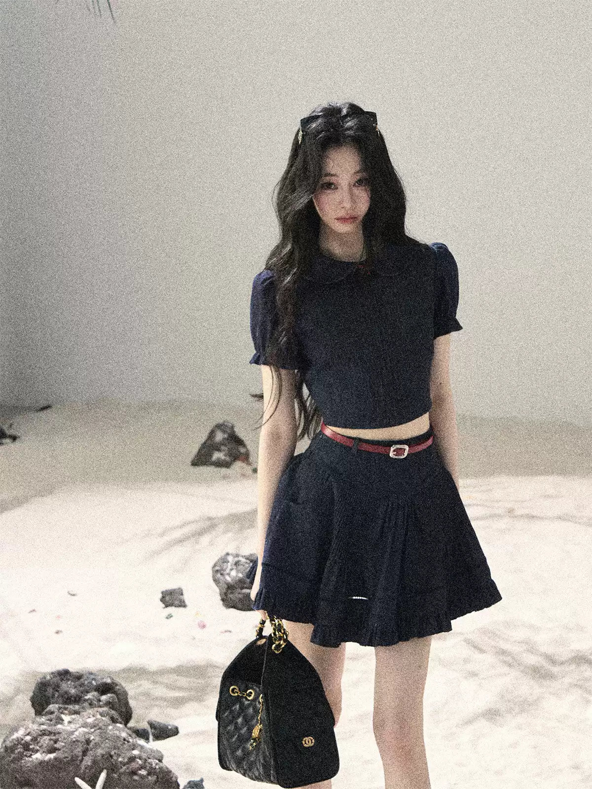 "Seaside Breeze" Navy Blue Denim Pleated Top & Mini Skirt Two-Piece Set