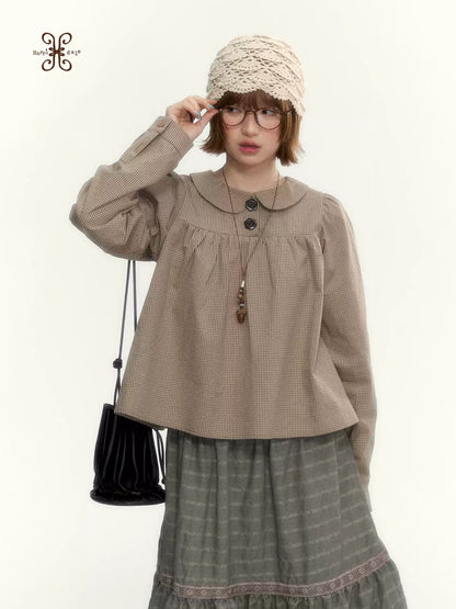 "The Vintage Darling" Light Coffee Plaid Cotton Peter Pan Collar Blouse