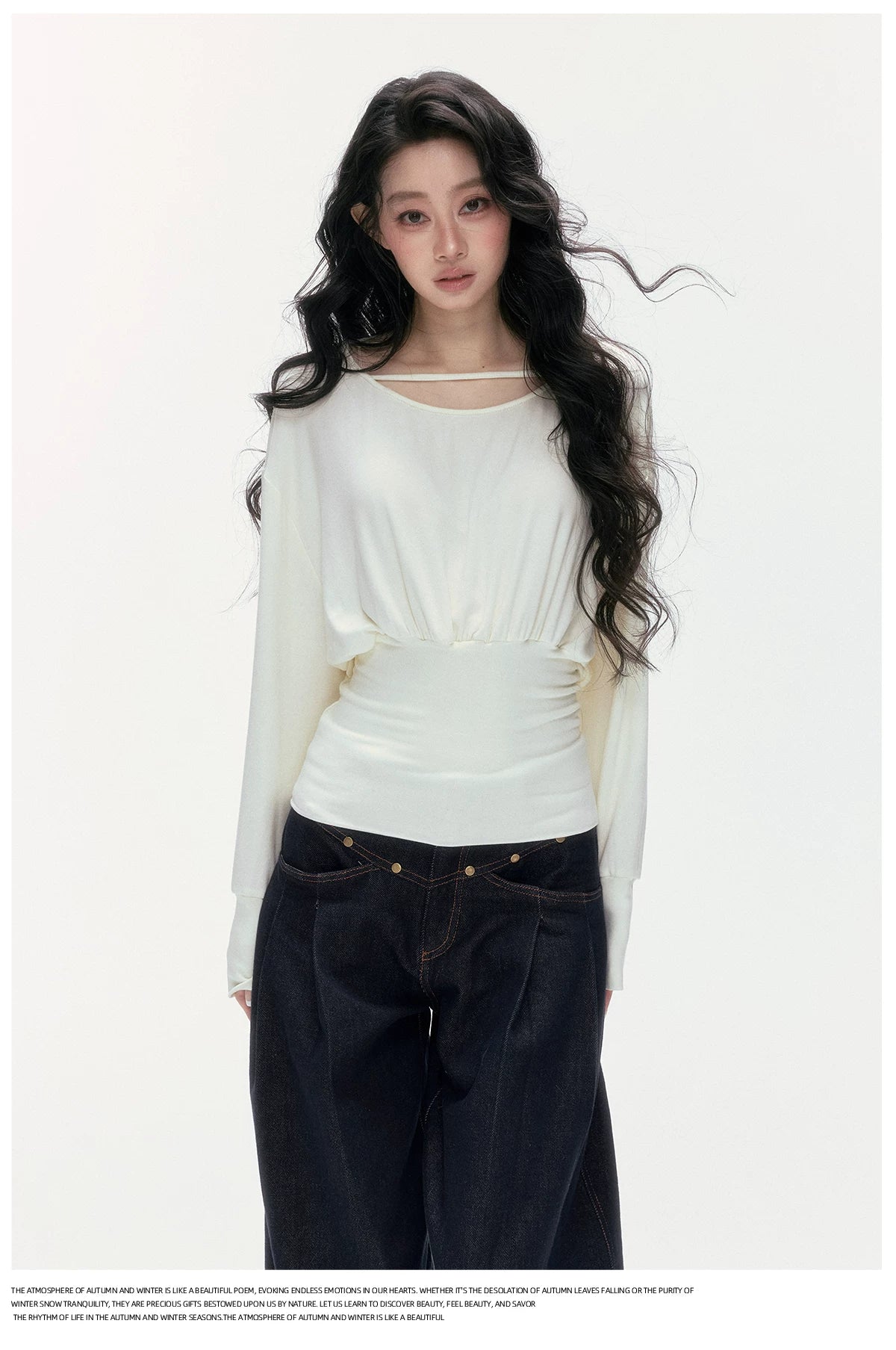 24olvides - Boat Neck Long Sleeve Top with Lace Open Back (Beige / Black)