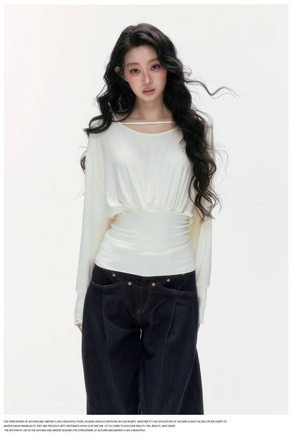 24olvides - Boat Neck Long Sleeve Top with Lace Open Back (Beige / Black)