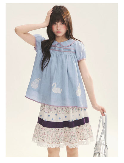 "Antique Dollhouse" Lace Appliqué Peter Pan Collar Puff Sleeve Blouse (Ivory White/ Still Blue)