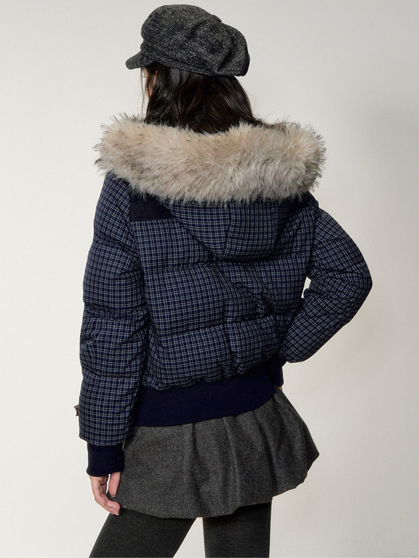 Soote Season - Navy Plaid Faux Fur Collar Cropped Hooded Down Jacket
