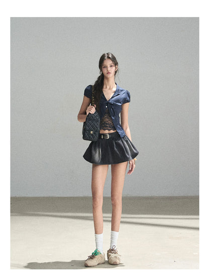 "Shimmer Across the Sea" Denim Bubble Skort (Rock Black/ Vintage Blue)