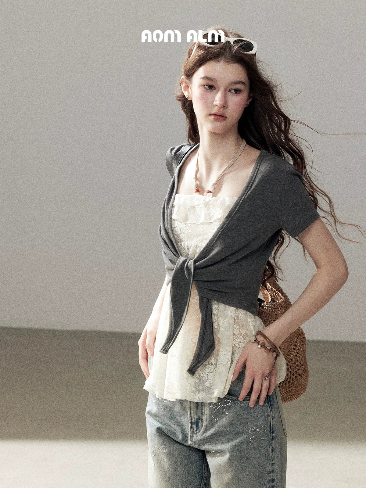 "Beyond the Morning Mist" Dutch Cream Lace Cami & Silver Mouse Gray Sheer Cardigan Set
