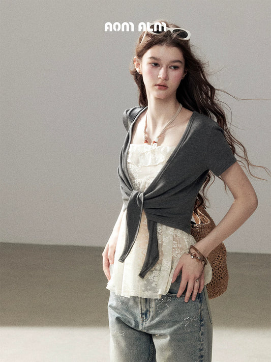 "Beyond the Morning Mist" Dutch Cream Lace Cami & Silver Mouse Gray Sheer Cardigan Set