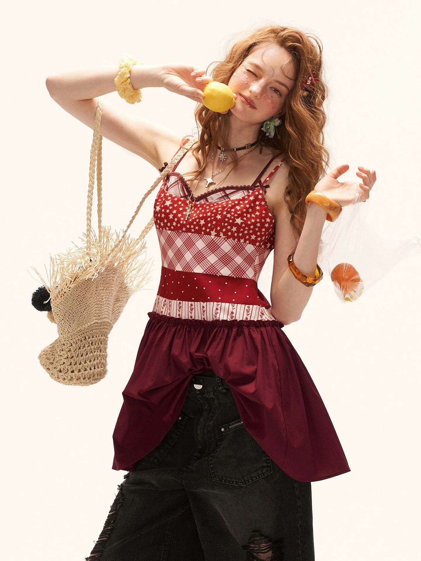 "Cherry Stardust Mood" Mixed Print Cami Mini Dress WE909