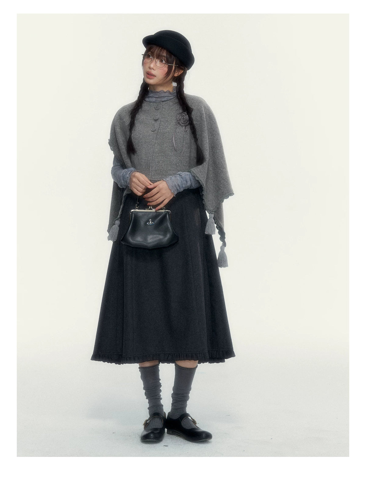 Vintage Double-Breasted Wool Dress & Knit Fringe Cape Set