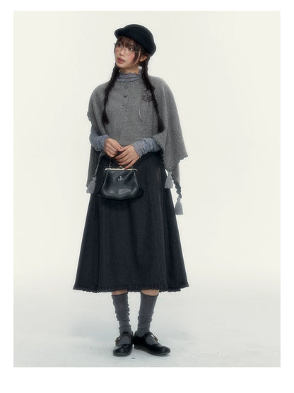 Vintage Double-Breasted Wool Dress & Knit Fringe Cape Set