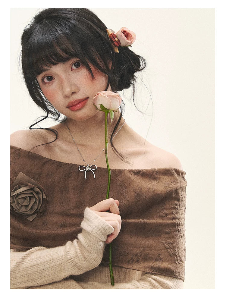 "Vintage Contrast" Brown Apricot Off-Shoulder Floral Knit Top