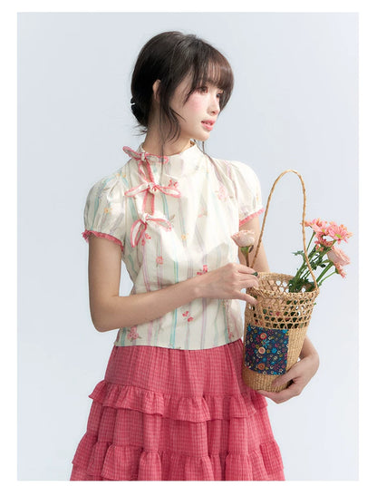 "Peach Blossom" Beige Floral Print Mandarin Collar Blouse