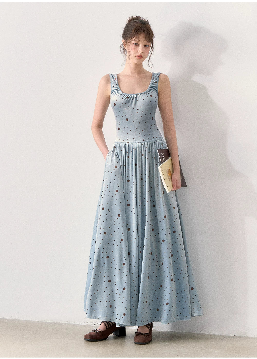 [TMMG] Vintage Polka Dot Velvet Dress & Fitted Ribbed Cardigan Set