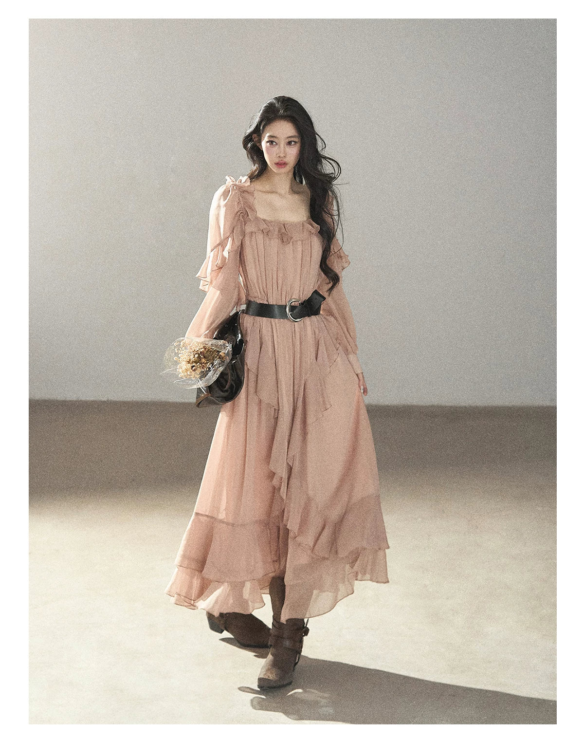 AOMALM - "Waiting for Sunset" Soft Pink French Ruffle Maxi Dress with Belt