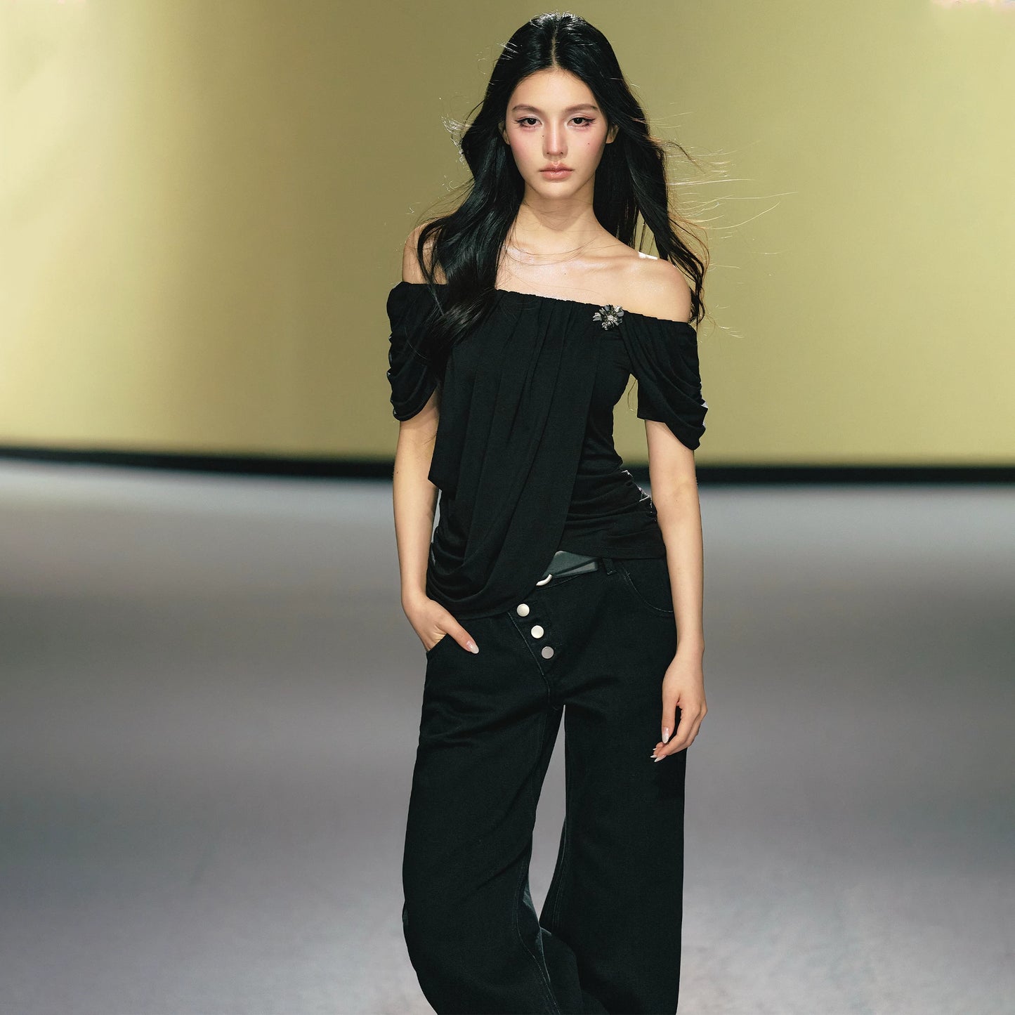 "Midnight Bloom" Black Lyocell Off-Shoulder Ruched Top