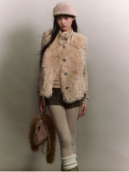 Soote Season - Korean Amber Brown Curly Faux-Fur Vest