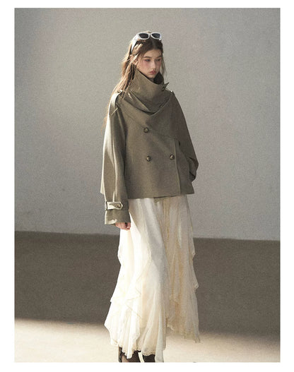 Gray Funnel-Neck Double-Breasted Short Trench Coat