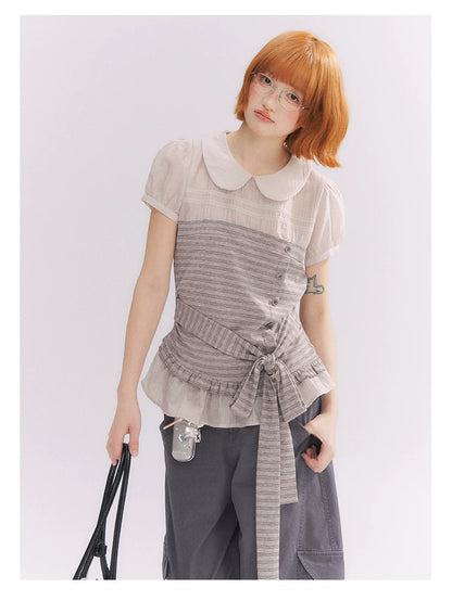 “Old Keepsake Letters” Frost Gray Doll Collar Lace Two-Piece Set