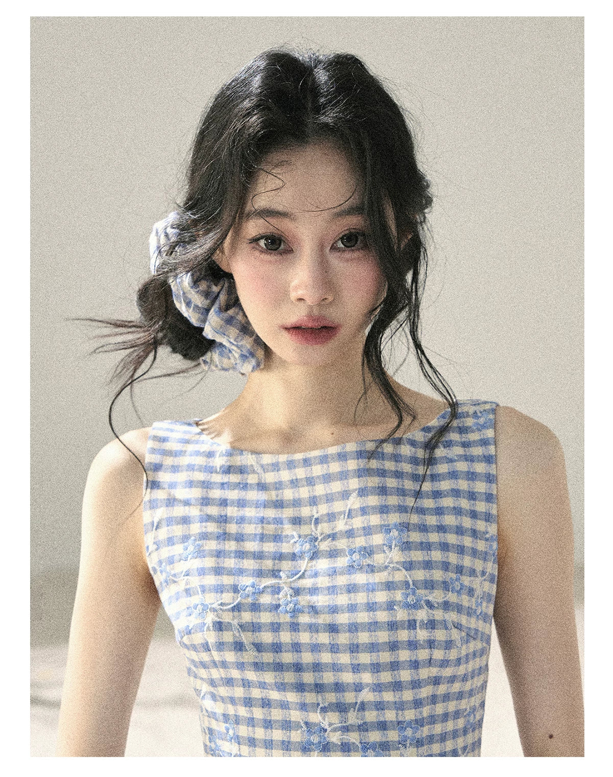 "Sea Breeze Reverie" Sky Blue Embroidered Plaid Mini Dress (With Matching Scrunchie)