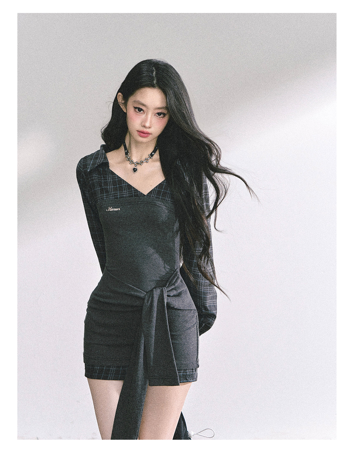 少也眼 “Campus Rebel" Checkered Bodycon Mini Dress - Gray 514354