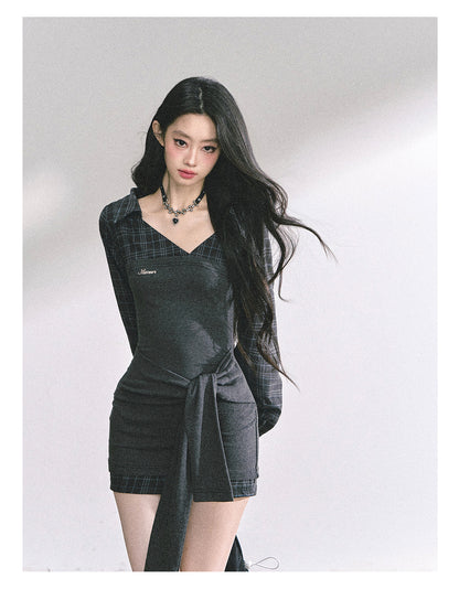 少也眼 “Campus Rebel" Checkered Bodycon Mini Dress - Gray 514354