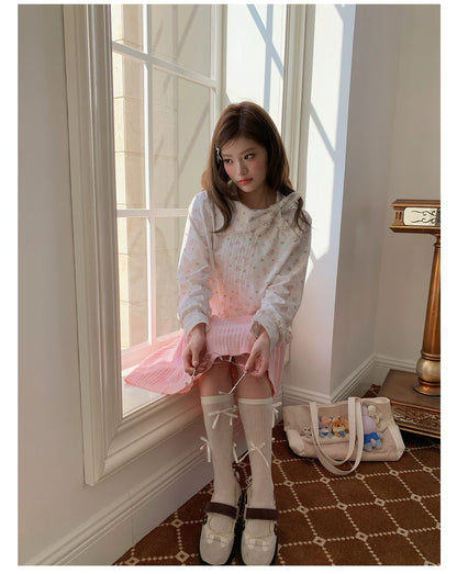 “Pudding Bear Letter” White Teddy Print Lace Blouse