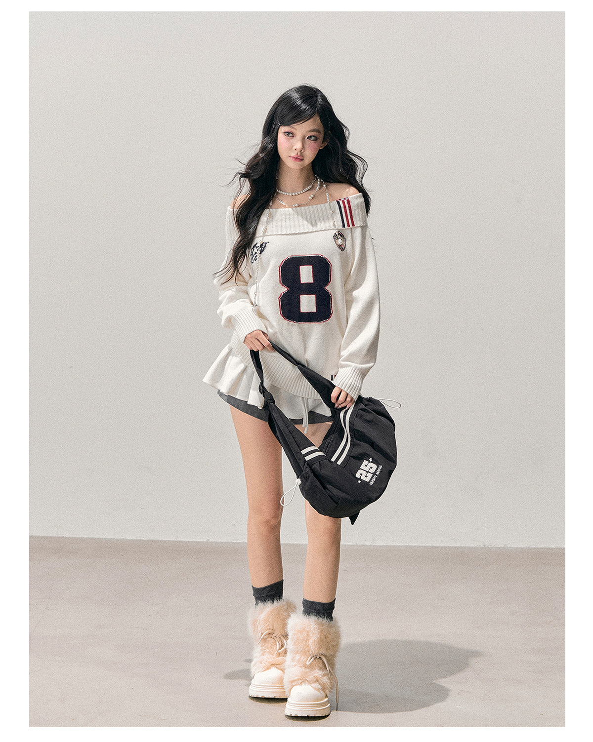 少也眼 “Frost-White Wallcorners” Off-Shoulder Knit Sweater
