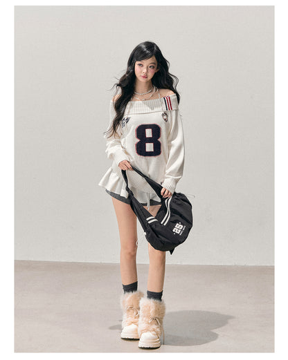 少也眼 “Frost-White Wallcorners” Off-Shoulder Knit Sweater