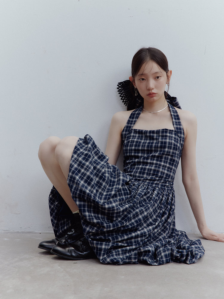 FUSSED Blue Mood Gathered Halter Dress – Dark Night Scottish Plaid FOF-25SS154